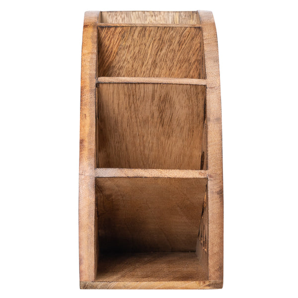 Front view of wooden remote control holder in mango wood