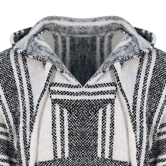 Natural and black baja hoodie close up