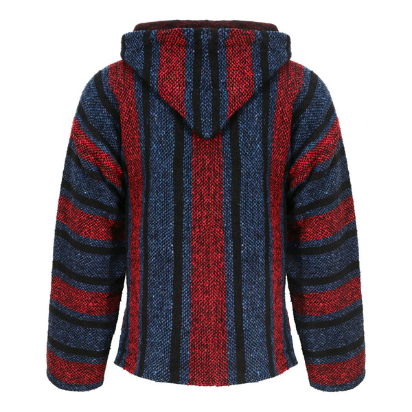 Back of striped red, blue black baja hoodie