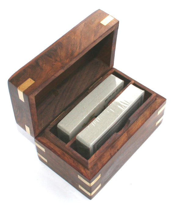 card box with brass inlay and two packs of cards
