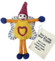 A handmade felt doll gift with a yellow body, red heart on the chest, blue and yellow limbs, a purple pointed hat, and a white paper tag that reads 'You're my Best Friend'.