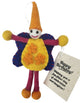 A handmade felt fairy/pixie birthday keepsake with a yellow hat and belly, purple wings and legs, orange flower details, and a hanging 'Happy Birthday' tag on a white background.