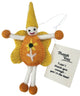 A handmade felt fairy/pixie/gnome keepsake gift tag with a yellow hat and wings, orange body, white limbs, and a 'Thank You' tag attached, on a white background.