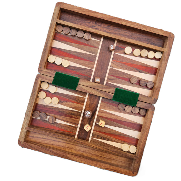 An open wooden backgammon board set with a rich wood grain finish, featuring red and cream point stripes, light and dark pieces, wooden dice, photographed on a solid white background.