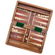 An open wooden backgammon board set with a rich wood grain finish, featuring red and cream point stripes, light and dark pieces, wooden dice, photographed on a solid white background.