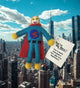 A handmade small felt superhero doll with a blue body, red cape, yellow hair, and a white tag that reads 'You're My Hero! You're more than a hero you're a Superhero!' is shown against a blurred city skyline and blue sky background.
