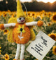 A handmade felt fairy sunflower doll ornament with a yellow hat and wings, orange flower body, and white stem/legs, photographed outdoors in a sunflower field. A small thank-you card is attached near the bottom right.