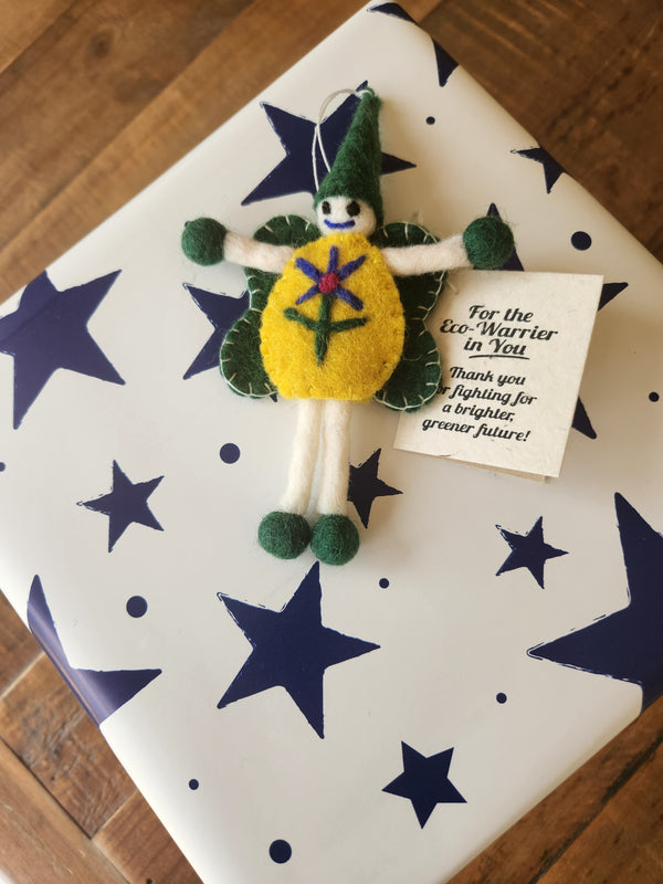 'Eco Warrior' fairy/pixie gift label attached to a present