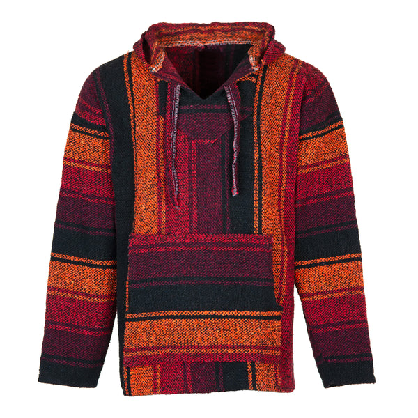 Colorful orange patterned baja hoodie with a hood on a white background
