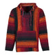 Colorful orange patterned baja hoodie with a hood on a white background