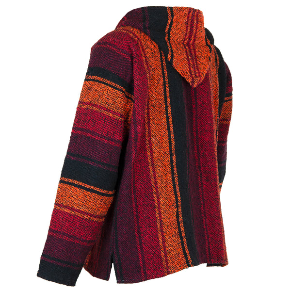Striped jerga hoodie side angle with shades of red, orange, and black colors on a white background