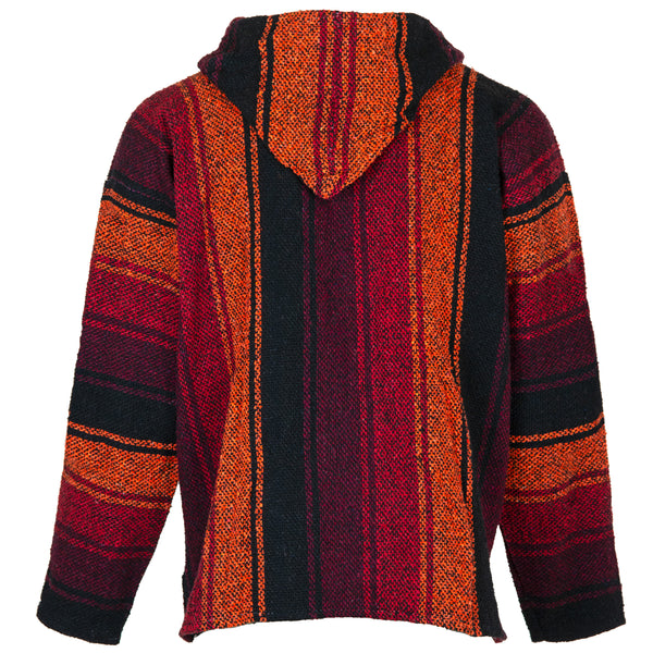 Mexican Hooded jacket with red, orange, and black striped pattern rear view showing hood on a white background