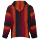 Mexican Hooded jacket with red, orange, and black striped pattern rear view showing hood on a white background