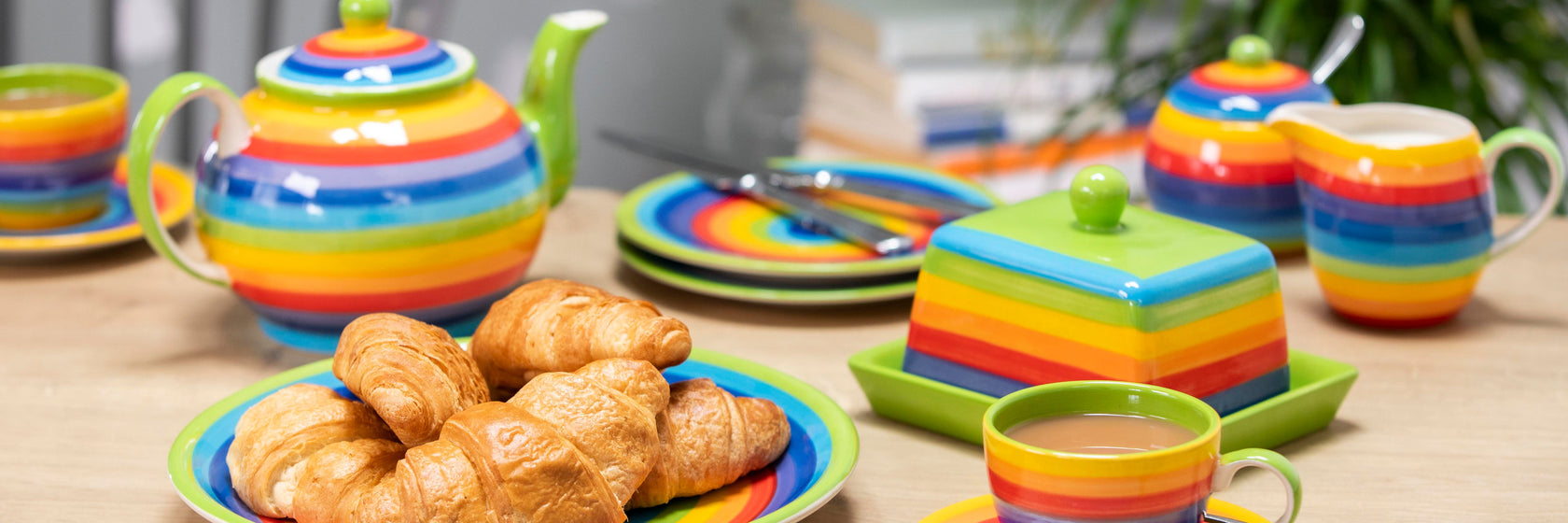 Rainbow ceramic tableware - mugs, plates, sugar bowl, jug, butterdish, teapot