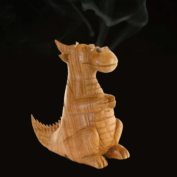 Wooden Dragon Incense Cone Burner with smoke from nostrils