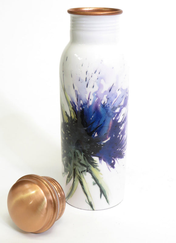 Copper water bottle with lid - thistle design