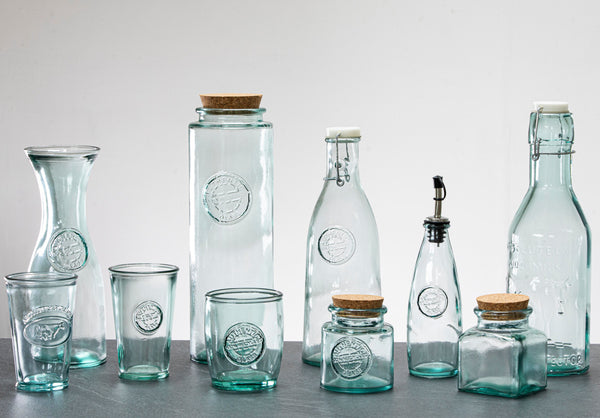 Re-cycled glass storage bottles and drinking glasses