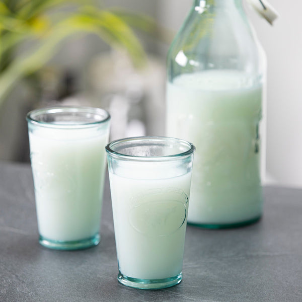 Recycled Glass Tumblers 'Absolutely Pure Milk' with milk and milk bottle