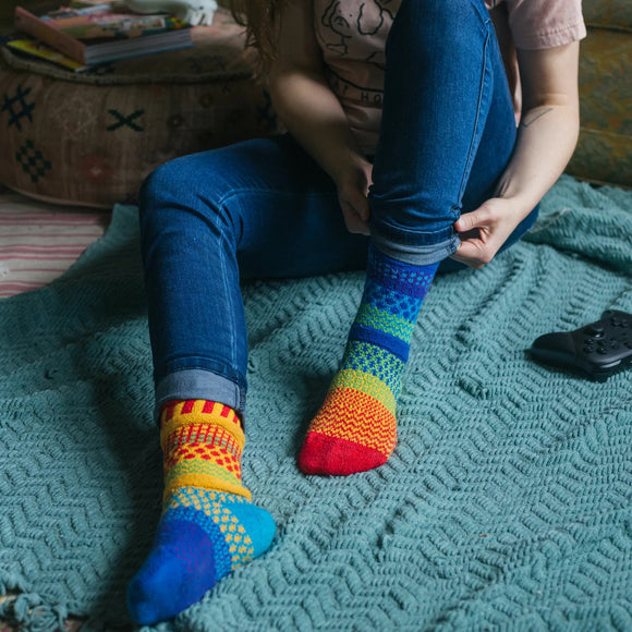 mismatched odd socks rainbow coloured