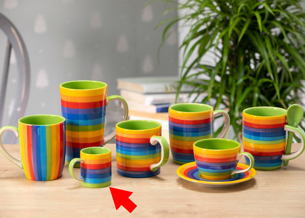 rainbow coloured cups and mugs of many sizes