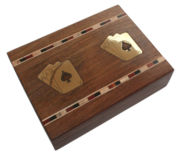 playing card box with wood inlay and brass detailing