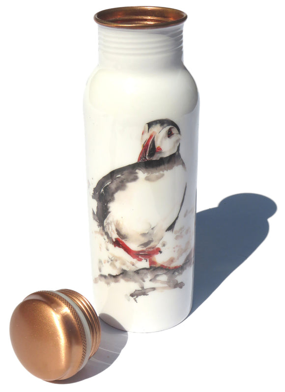 Copper water bottle and lid - puffin design
