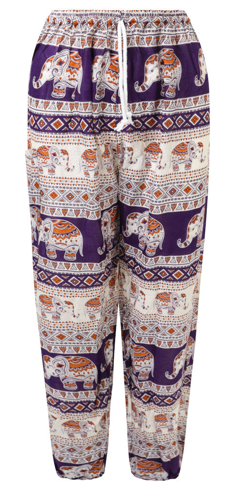 Purple elephant print harem trousers