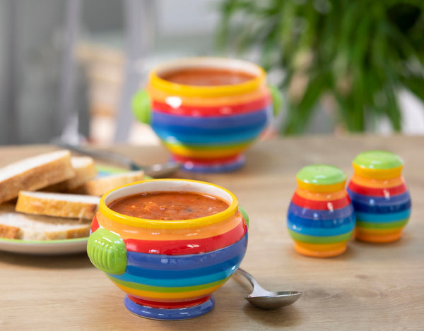 Rainbow coloured Soup bowls and salt and pepper set