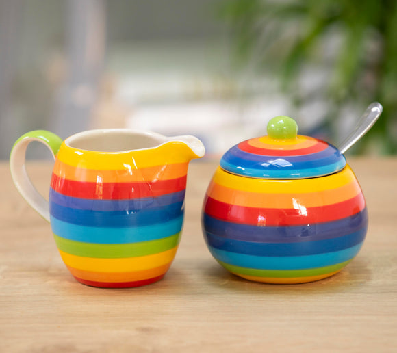 rainbow coloured sugar bowl and jug